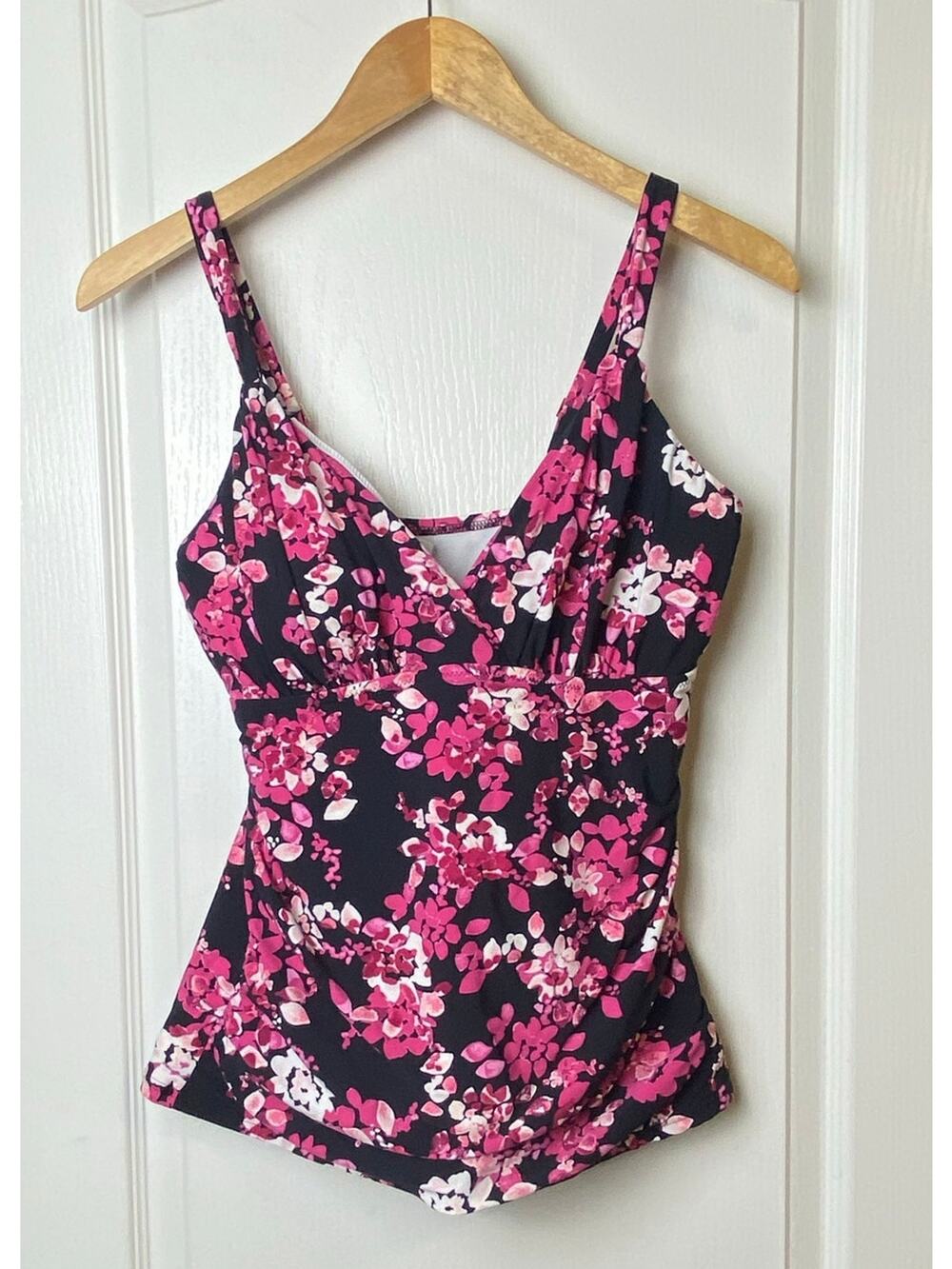Lands' End Black Pink White Floral Ruched Tankini Swim Top Women's Size 10